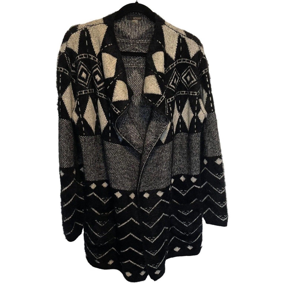 Renuar Women Sweater Size S /P Open Front Cardigan Geometric Black & White Knit